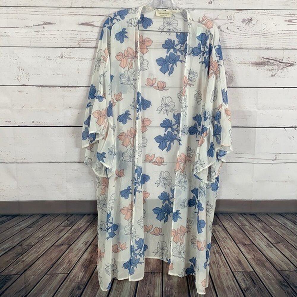 Saints Hearts Kimono Womens 1X White Floral Sheer Coastal Cottage‎ Boho Flowy